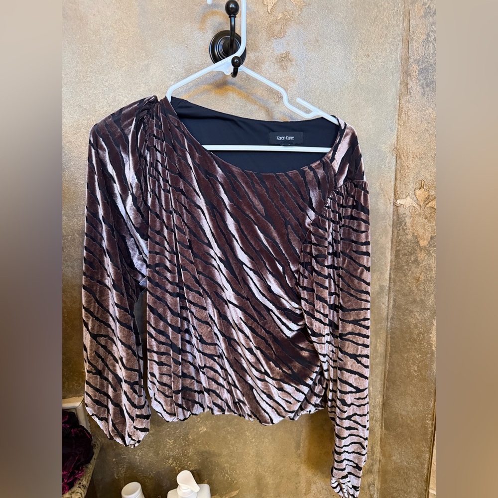 Karen Kane Brown and Black Velvet Zebra-Print Long Sleeve Top